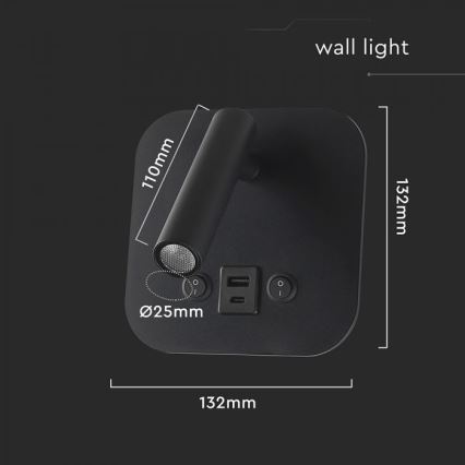 LED Nástěnné bodové svítidlo s USB portem LED/8W/230V 3000K černá