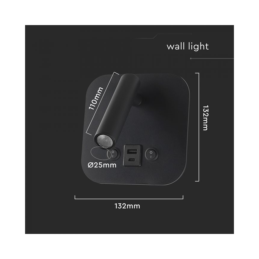 LED Nástěnné bodové svítidlo s USB portem LED/8W/230V 3000K černá