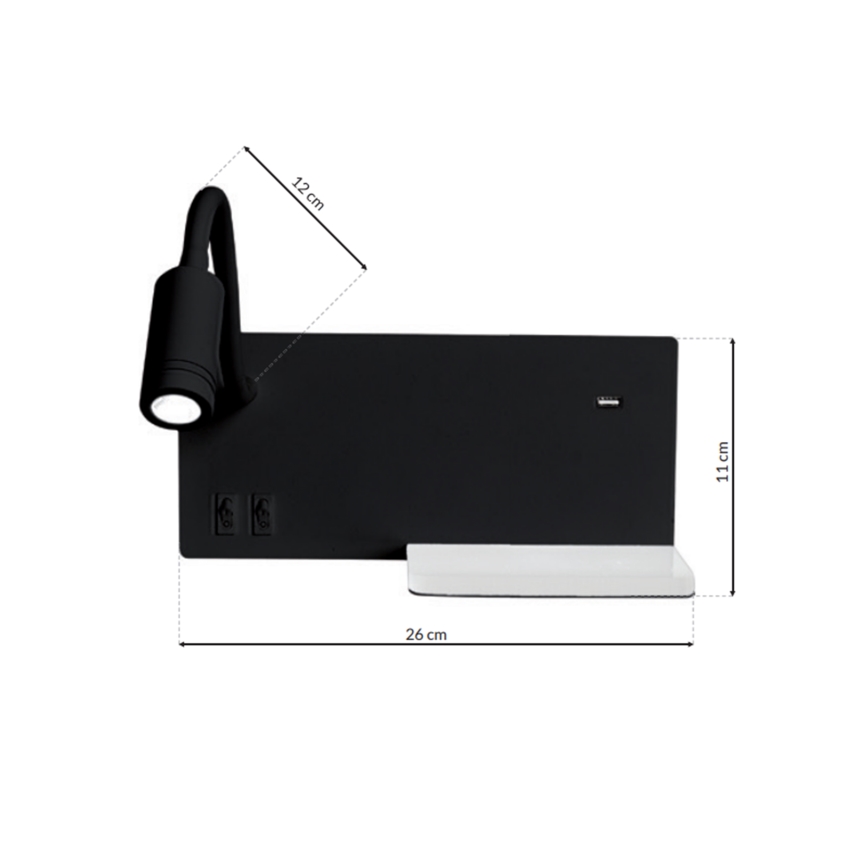 LED Nástěnné svítidlo SHELF 1xLED/4W+1xLED/5W+1xLED/2W/230V černá