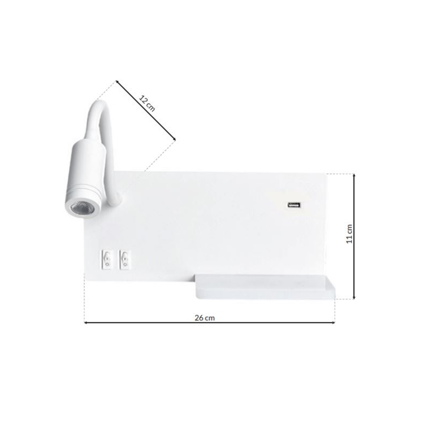 LED Nástěnné svítidlo SHELF 1xLED/4W+1xLED/5W+1xLED/2W/230V + USB port bílá