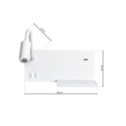 LED Nástěnné svítidlo SHELF LED/4W+LED/5W+LED/2W/230V + USB port bílá