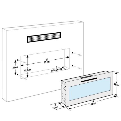 LED Nástěnný elektrický krb s topením LED/2000W/230V 48x91 cm + dálkové ovládání
