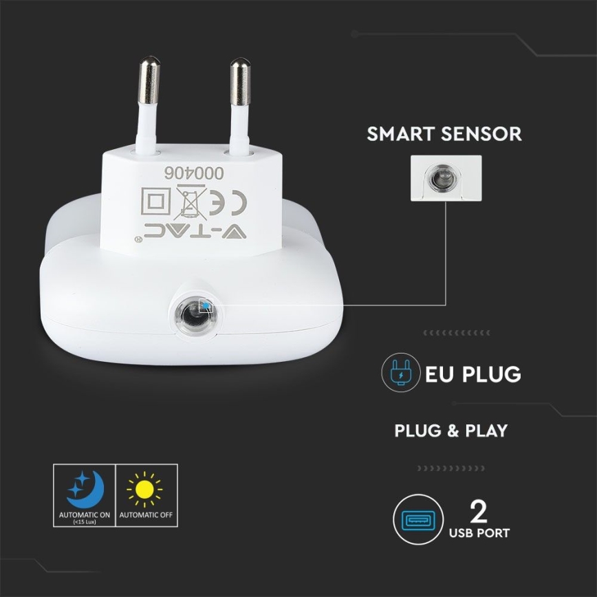 LED Noční světlo se senzorem soumraku do zásuvky 2xUSB LED/0,45W/230V 4000K