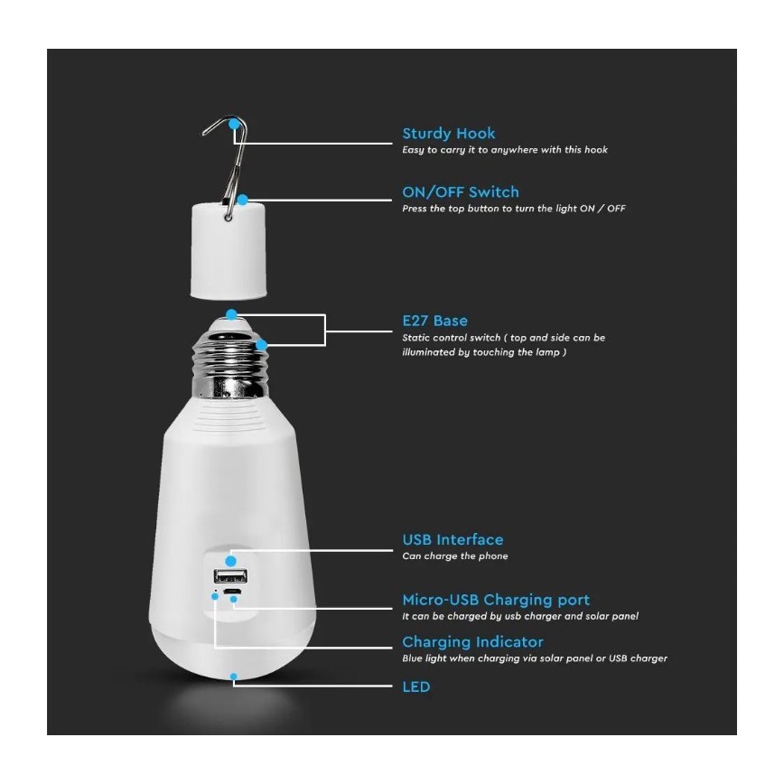 LED Přenosná solární žárovka 3v1 LED/7W/230V 3000K/4000K/6400K + USB nabíjení