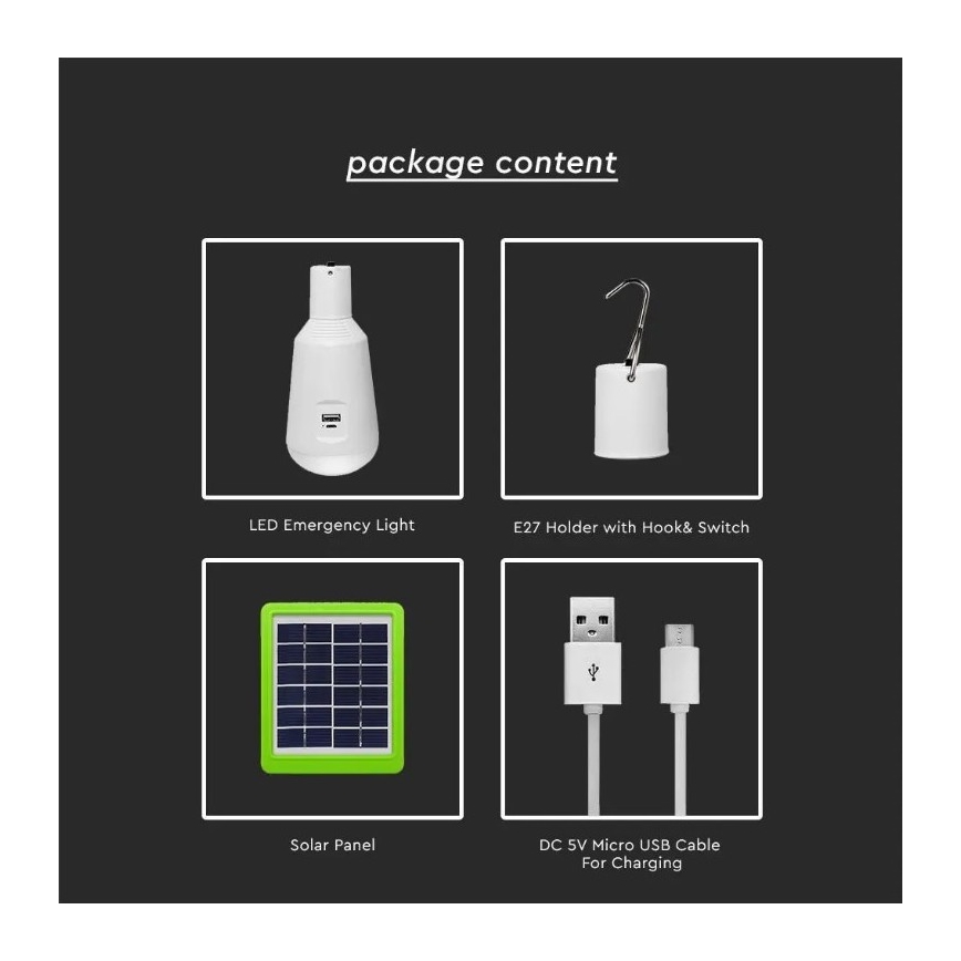 LED Přenosná solární žárovka 3v1 LED/7W/230V 3000K/4000K/6400K + USB nabíjení