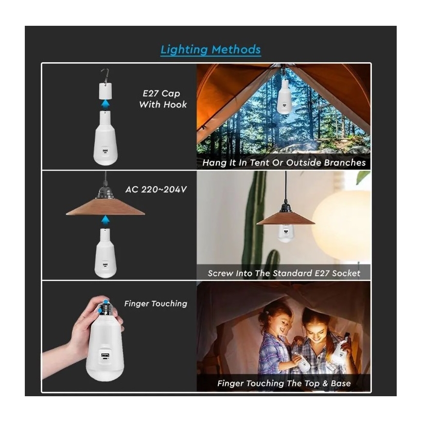 LED Přenosná solární žárovka 3v1 LED/7W/230V 3000K/4000K/6400K + USB nabíjení
