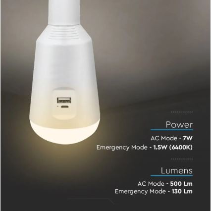 LED Přenosná solární žárovka 3v1 LED/7W/230V 3000K/4000K/6400K + USB nabíjení