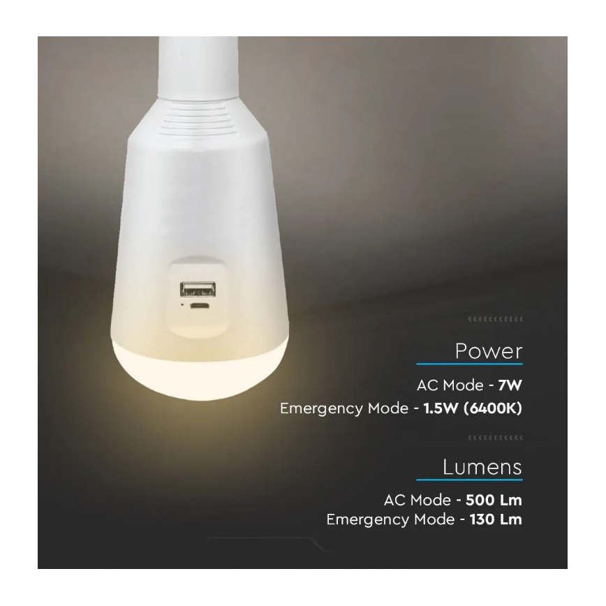 LED Přenosná solární žárovka 3v1 LED/7W/230V 3000K/4000K/6400K + USB nabíjení