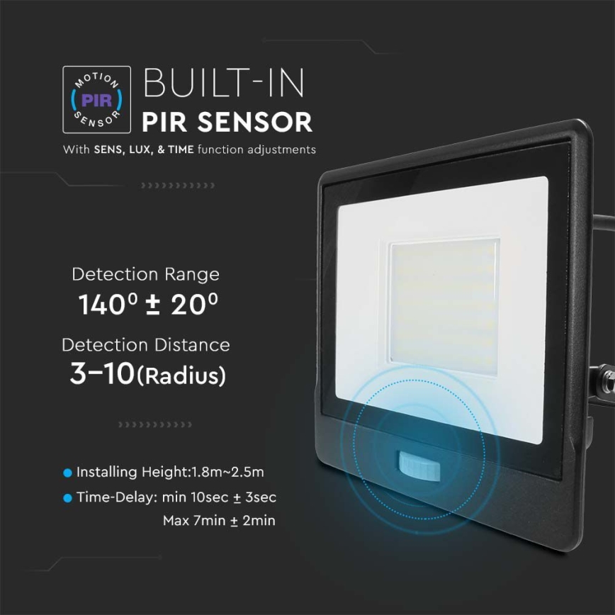 LED Reflektor se senzorem LED/50W/230V 6500K IP65 černá