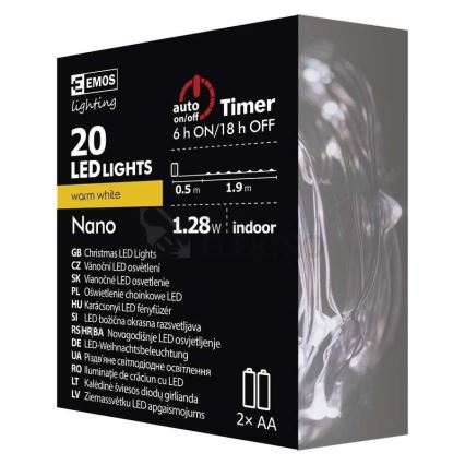 LED řetěz NANO 20xLED/2xAA 2,4m teplá bílá
