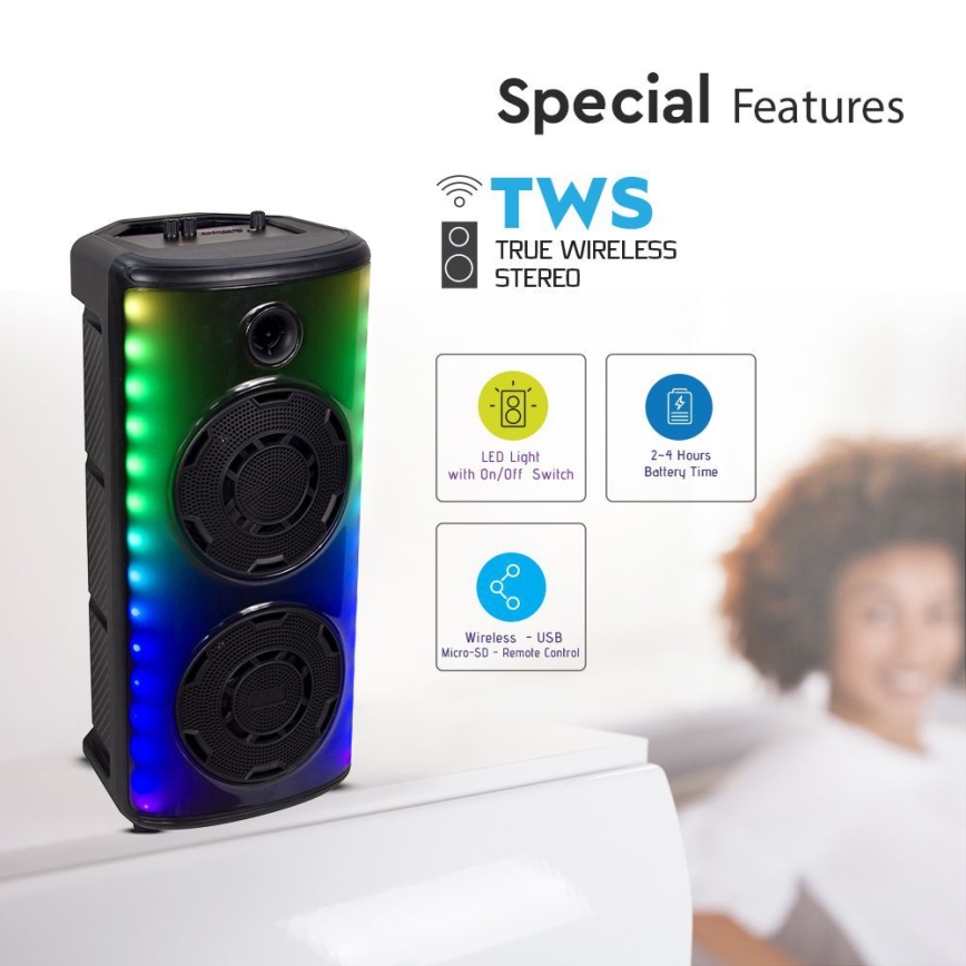 LED RGB Nabíjecí reproduktor s mikrofonem 600W/2400 mAh + dálkové ovládání