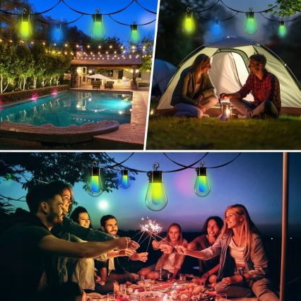 LED RGB Stmívatelný solární dekorační řetěz 15xLED/18 funkcí USB 6 m IP44 černá + dálkové ovládání