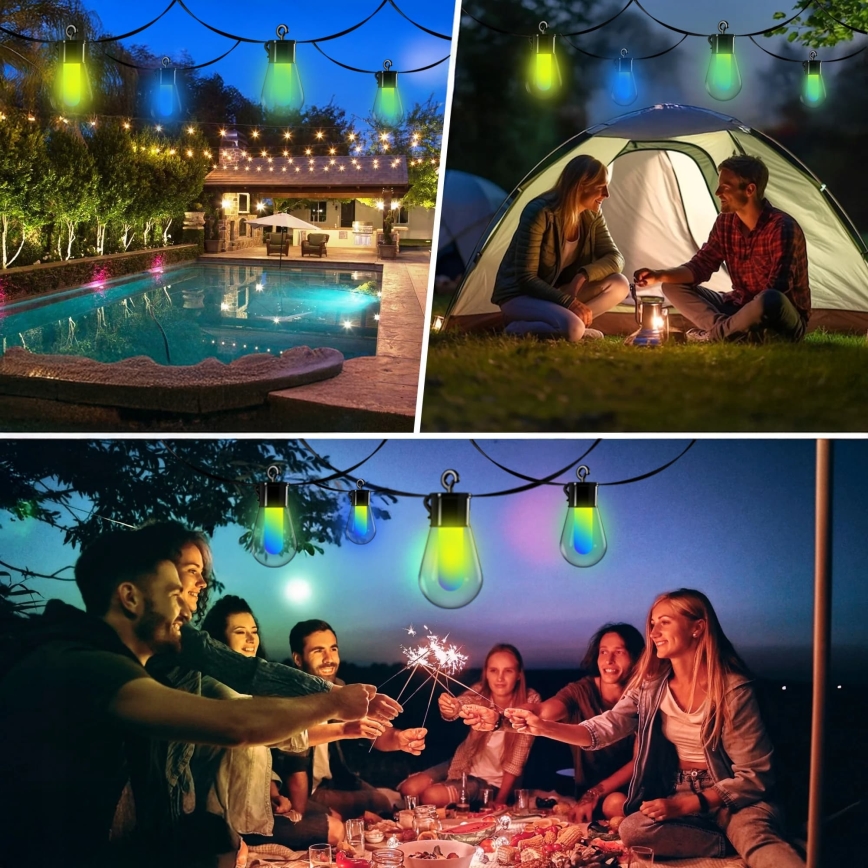 LED RGB Stmívatelný solární dekorační řetěz 15xLED/18 funkcí USB 6 m IP44 černá + dálkové ovládání
