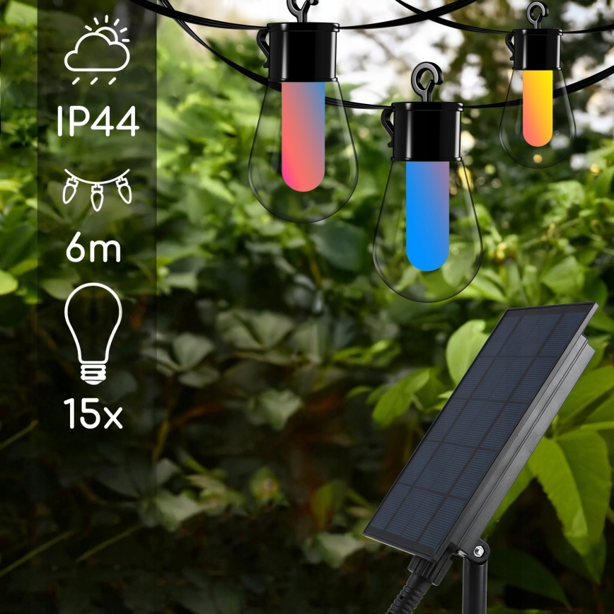 LED RGB Stmívatelný solární dekorační řetěz 15xLED/18 funkcí USB 6 m IP44 černá + dálkové ovládání