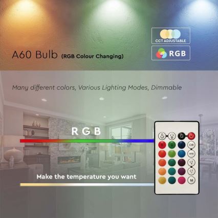 LED RGB Stmívatelná žárovka A60 E27/8,5W/230V 4000K + dálkové ovládání