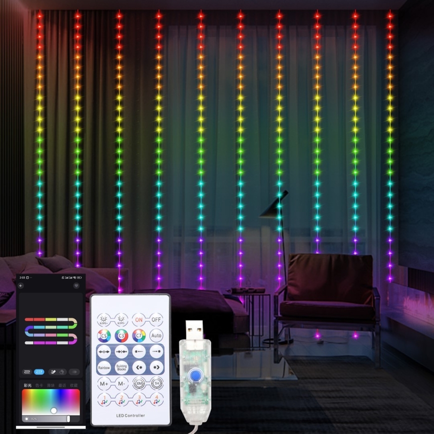 LED RGB Stmívatelný vánoční závěs WIZARD 300xLED/USB 3x3m + dálkové ovládání