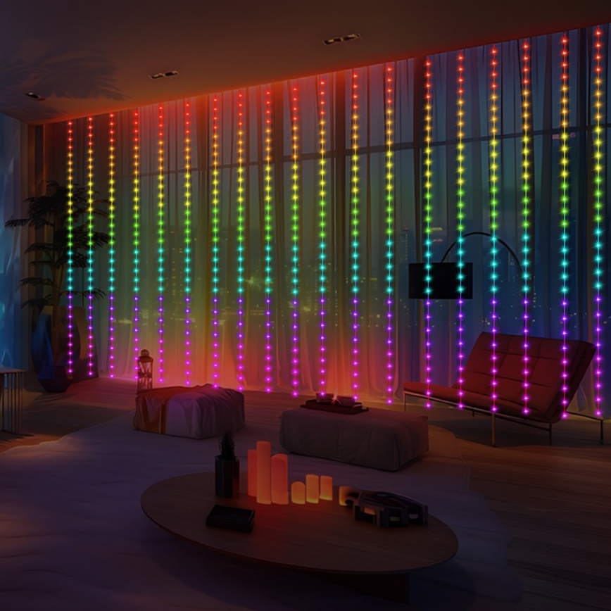 LED RGB Stmívatelný vánoční závěs WIZARD 300xLED/USB 3x3m + dálkové ovládání