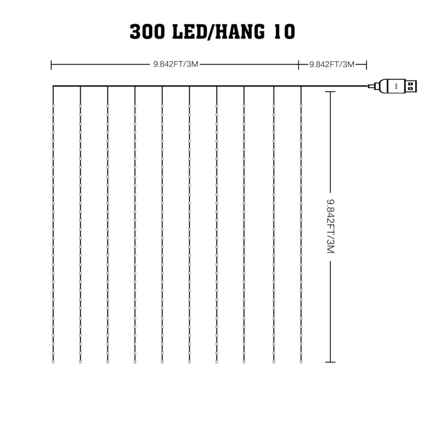 LED RGB Stmívatelný vánoční závěs WIZARD 300xLED/USB 3x3m + dálkové ovládání