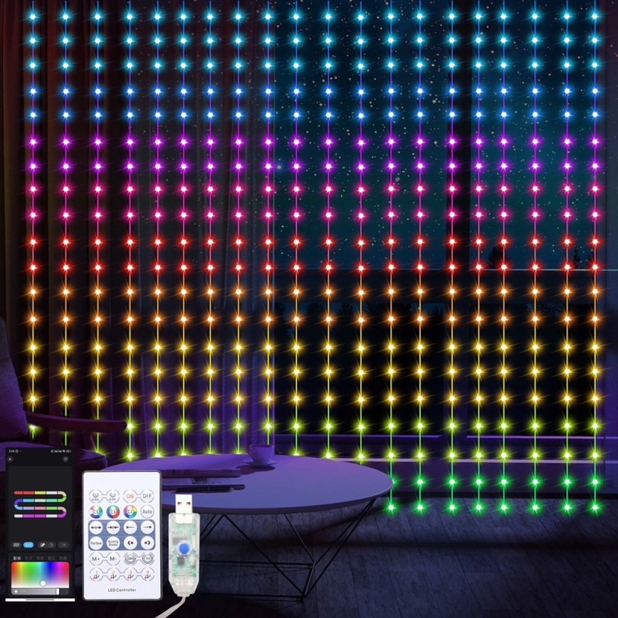 LED RGB Stmívatelný vánoční závěs WIZARD 400xLED/USB 2x2m + dálkové ovládání