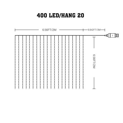 LED RGB Stmívatelný vánoční závěs WIZARD 400xLED/USB 2x2m + dálkové ovládání