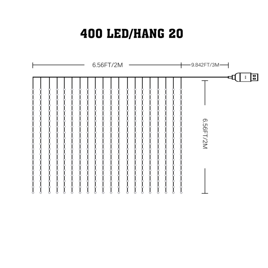 LED RGB Stmívatelný vánoční závěs WIZARD 400xLED/USB 2x2m + dálkové ovládání