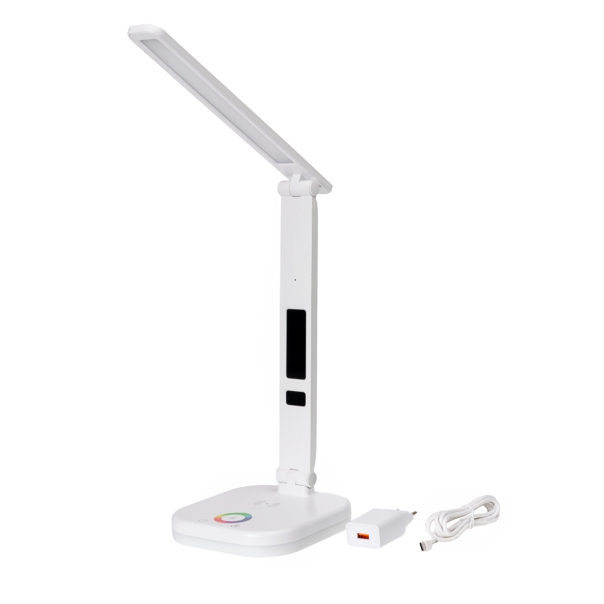 LED RGBW Stmívatelná dotyková stolní lampa s bezdrátovým nabíjením, displejem a USB portem MAGNUS LED/6W/5V 3000-6500K bílá