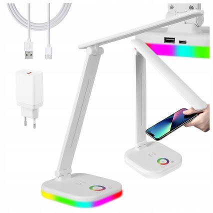 LED RGBW Stmívatelná stolní lampa s bezdrátovým nabíjením LED/7W/5V USB bílá