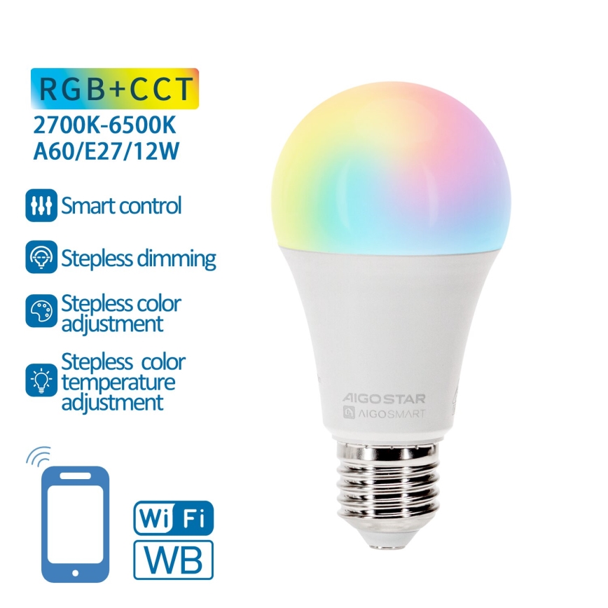 LED RGBW Stmívatelná žárovka A60 E27/12W/230V 2700-6500K Wi-Fi - Aigostar