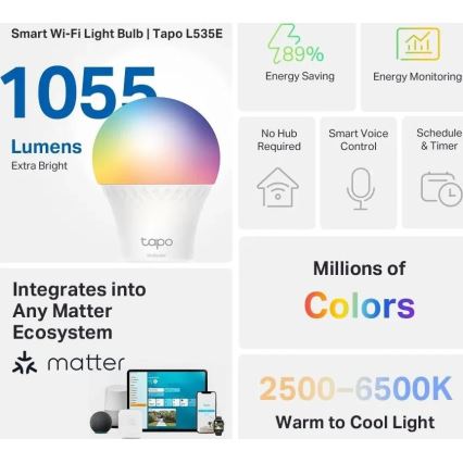 LED RGBW Stmívatelná žárovka MATTER A60 E27/8,6W/230V 2500-6500K Wi-Fi - TP-Link