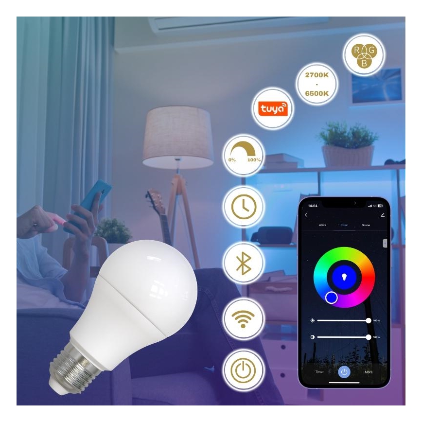 LED RGBW Stmívatelná žárovka A60 E27/9W/230V 2700-6500K Wi-Fi Tuya