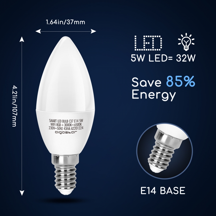 LED RGBW Stmívatelná žárovka C37 E14/5W/230V 3000-6500K Wi-Fi - Aigostar