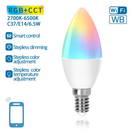 LED RGBW Stmívatelná žárovka C37 E14/6,5W/230V 2700-6500K Wi-Fi - Aigostar