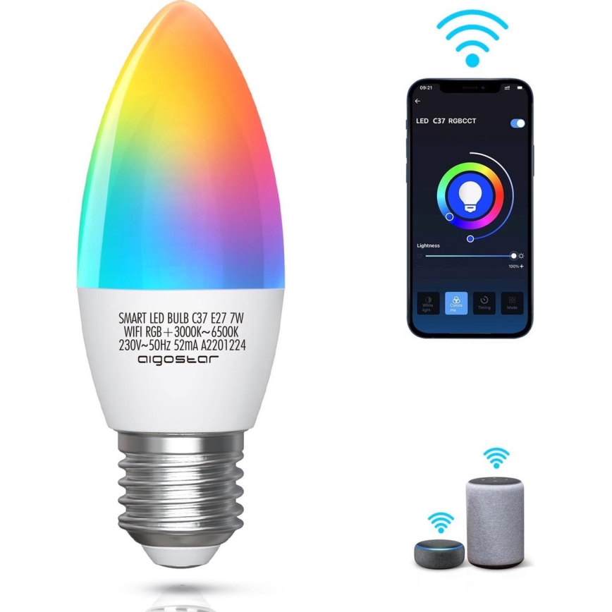 LED RGBW Stmívatelná žárovka C37 E27/7W/230V 3000-6500K Wi-Fi - Aigostar