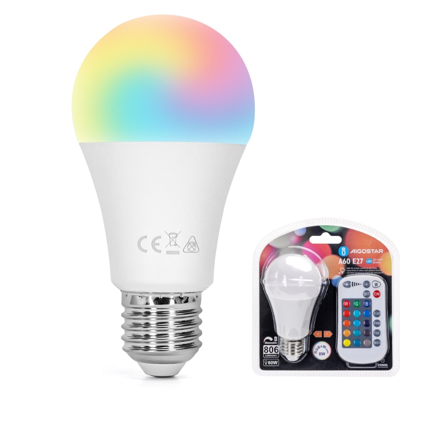 LED RGBW Stmívatelná žárovka E27/8W/230V 3000K + dálkové ovládání - Aigostar