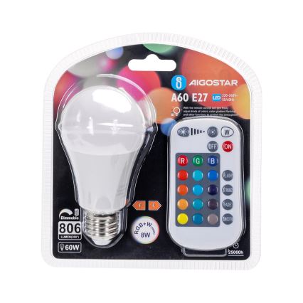 LED RGBW Stmívatelná žárovka E27/8W/230V 3000K + dálkové ovládání - Aigostar