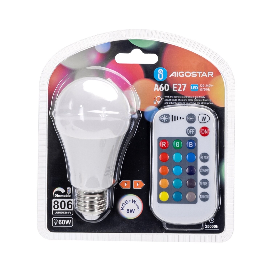 LED RGBW Stmívatelná žárovka E27/8W/230V 3000K + dálkové ovládání - Aigostar