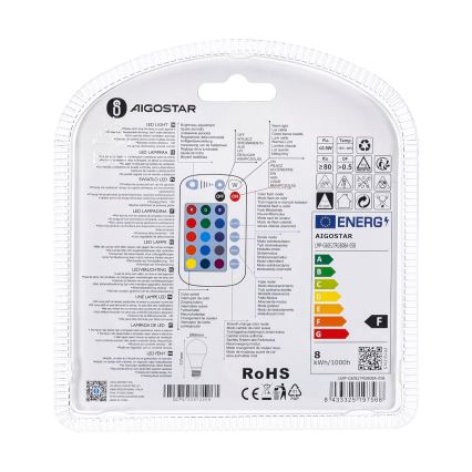 LED RGBW Stmívatelná žárovka E27/8W/230V 3000K + dálkové ovládání - Aigostar