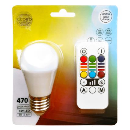 LED RGBW Stmívatelná žárovka E27/6W/230V 3000K + dálkové ovládání - Globo