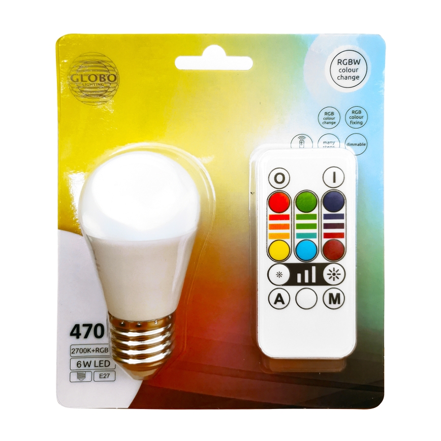 LED RGBW Stmívatelná žárovka E27/6W/230V 3000K + dálkové ovládání - Globo