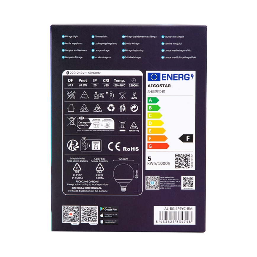 LED RGBW Stmívatelná žárovka MESH G120 E27/4,9W/230V 2700-6500K + dálkové ovládání - Aigostar
