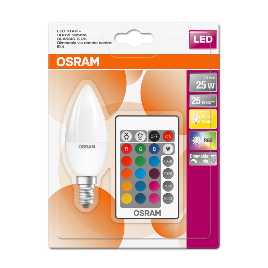 LED RGBW Stmívatelná žárovka STAR E14/4,5W/230V 2700K + dálkové ovládání – Osram