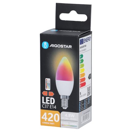 LED RGBW Žárovka C37 E14/4,8W/230V 3000K + dálkové ovládání - Aigostar
