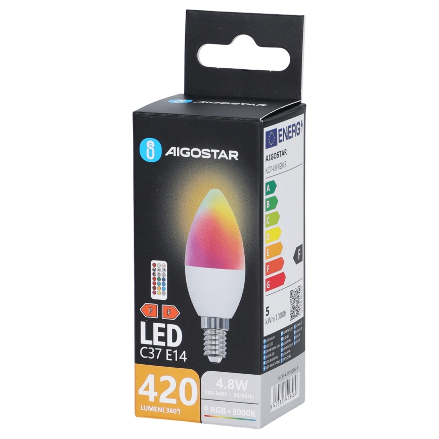 LED RGBW Žárovka C37 E14/4,8W/230V 3000K + dálkové ovládání - Aigostar