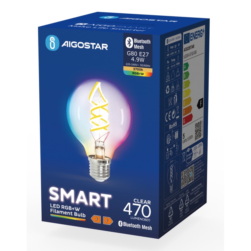 LED RGBW Stmívatelná žárovka FILAMENT MESH Smart G80 E27/4,9W/230V 2700K - Aigostar