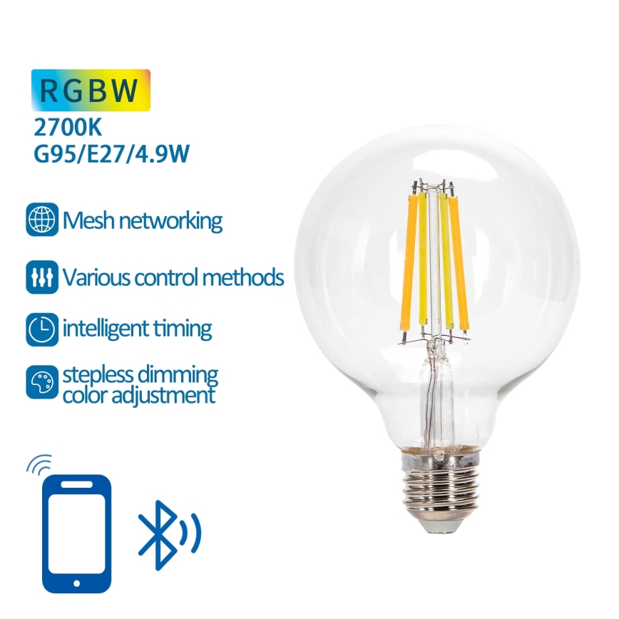 LED RGBW Stmívatelná žárovka FILAMENT MESH Smart G95 E27/4,9W/230V 2700K - Aigostar