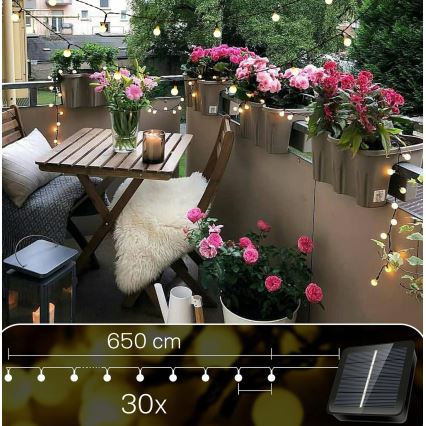 LED Solární dekorační řetěz 30xLED/8 funkcí 500 mAh 6,5 m IP67 teplá bílá
