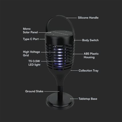 LED Solární lapač hmyzu 3v1 LED/1,3W/3,7V IP24 20 m² 2200 mAh