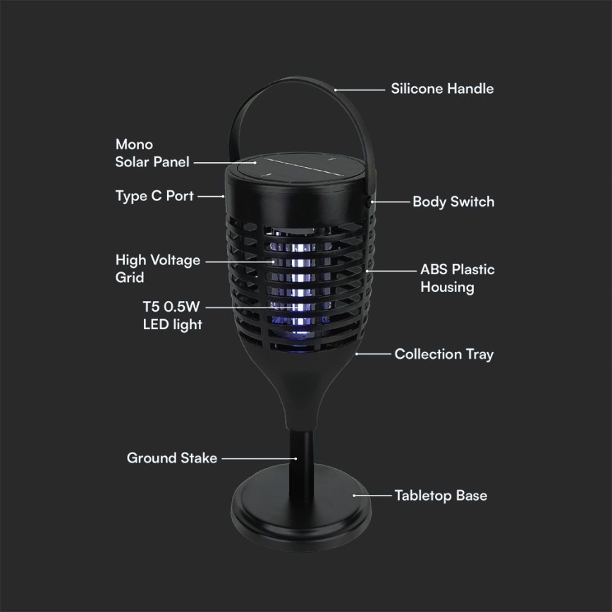 LED Solární lapač hmyzu 3v1 LED/1,3W/3,7V IP24 20 m² 2200 mAh