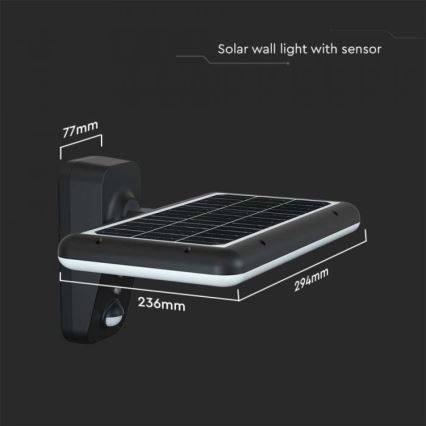 LED Solární nástěnné svítidlo se senzorem LED/15W/3,2V 4000K/6000K IP65 6000 mAh černá