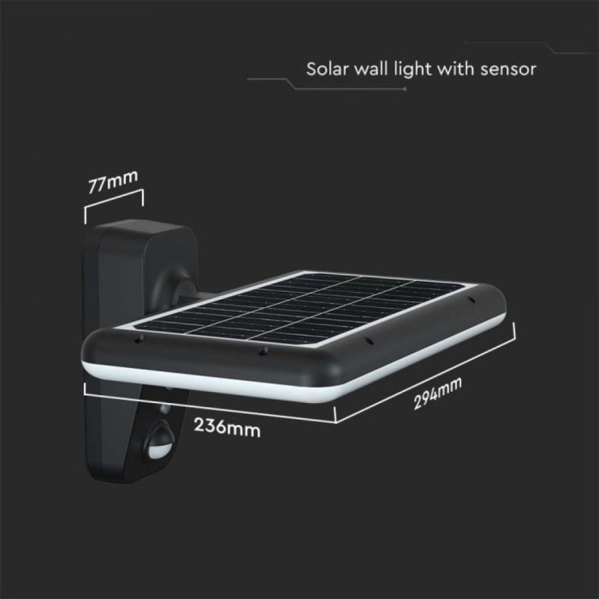 LED Solární nástěnné svítidlo se senzorem LED/15W/3,2V 4000K/6000K IP65 6000 mAh černá